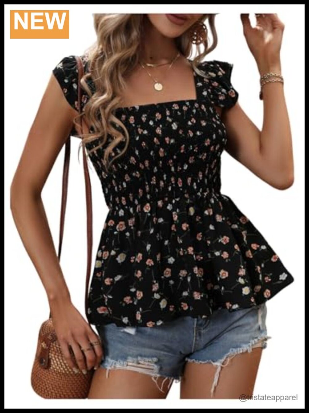 Women's Floral Peplum Babydoll Boho Ruffle Square Neck Blouse